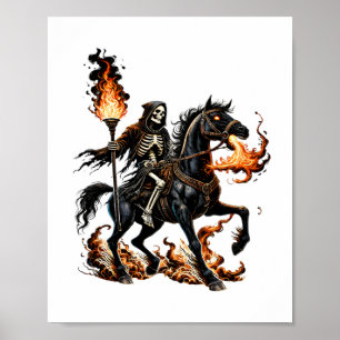 Grim Reaper Skeleton Riding Horse Flames Poster