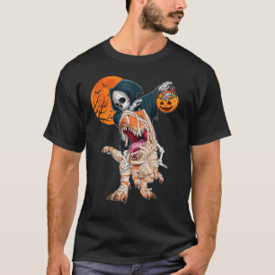 Grim reaper Skeleton Riding Mummy Dinosaur rex Hal T-Shirt