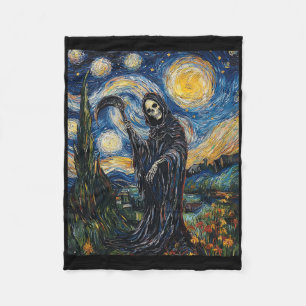 Grim Reaper Skeleton - Van Gogh Style - Starry Nig Fleece Blanket