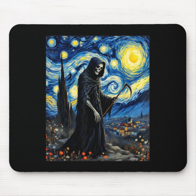 Grim Reaper Van Gogh Starry Night Inspired Gothic Mouse Pad (Front)