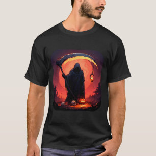 Grim Reaper with Halloween Pumpkin and Full Moon T-Shirt