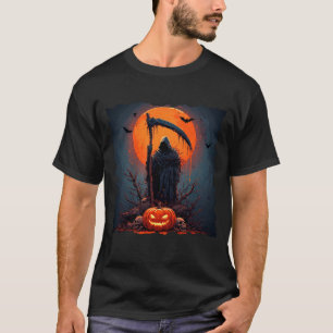 Grim Reaper with Halloween Pumpkin and Full Moon T-Shirt