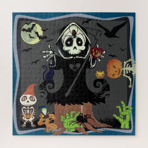 Grim Reaper Zombie Skeleton Gnome Pumpkin Man Bats Jigsaw Puzzle