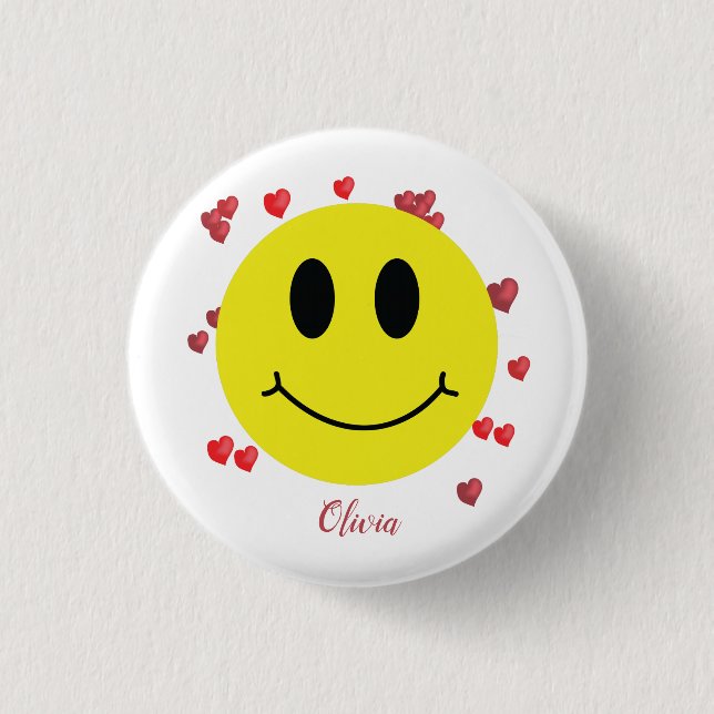 Grin Face with Red Hearts Personalised     3 Cm Round Badge (Front)