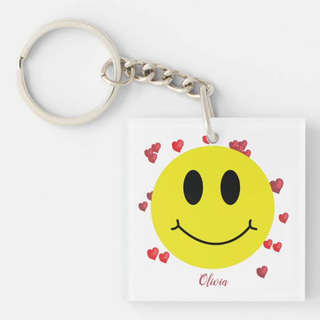 Grin Face with Red Hearts Personalised  Key Ring (Front)