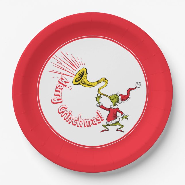 Grinch Blowing the Merry Grinchmas Horn Paper Plate (Front)