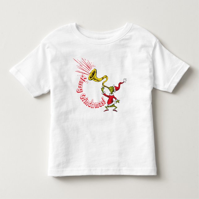 Grinch Blowing the Merry Grinchmas Horn Toddler T-Shirt (Front)