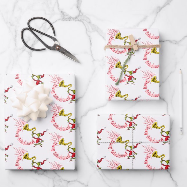 Grinch Blowing the Merry Grinchmas Horn Wrapping Paper Sheet (Front)