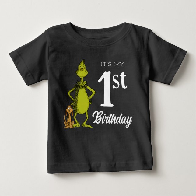 Grinch Chalkboard First Birthday Baby T-Shirt (Front)