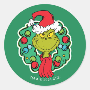 Grinch   Christmas Holiday Wreath Classic Round Sticker