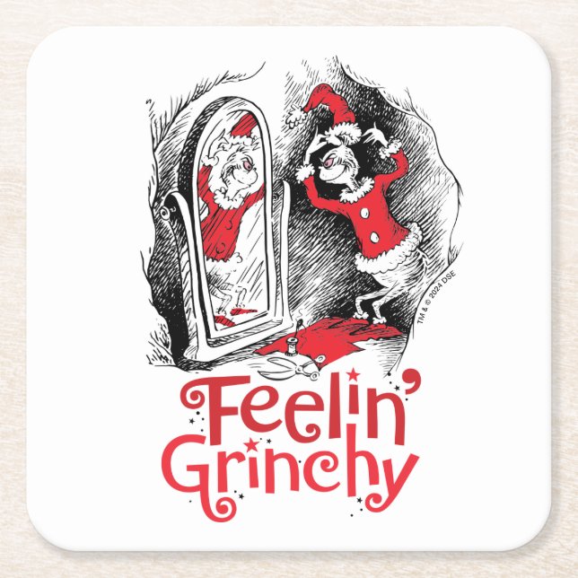 Grinch | Feeling Grinchy Square Paper Coaster (Front)