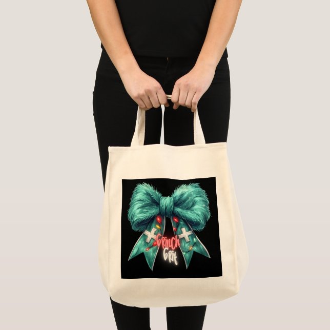 Grinch Grit. Nurse. Grinch Holiday Bow Tote Bag (Front (Product))