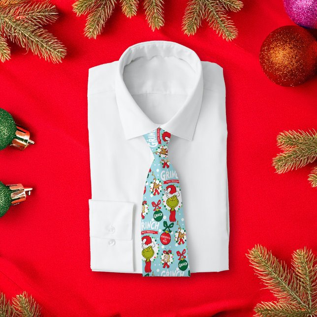 Grinch | Happy Wholidays Pattern Tie (Tie on shirt over festive background)