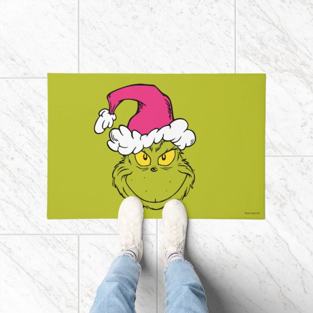 Grinch in Pink Santa Hat Doormat (Indoor)