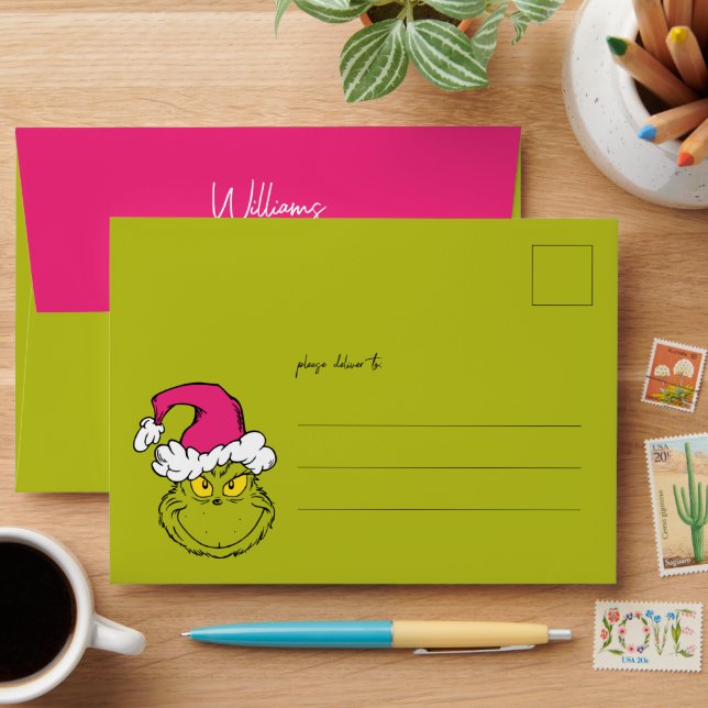 Grinch in Pink Santa Hat Envelope (Desk)
