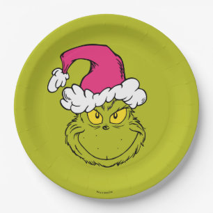 Grinch in Pink Santa Hat Paper Plate