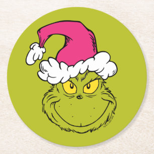 Grinch in Pink Santa Hat Round Paper Coaster