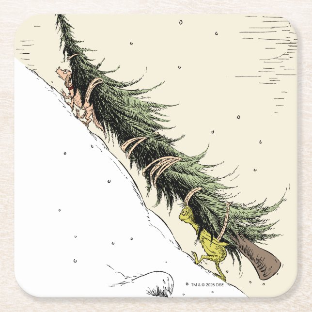 Grinch & Max Return the Christmas Tree Square Paper Coaster (Front)