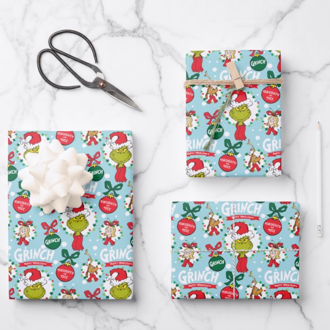 Grinch Merry Grinchmas Blue Pattern Wrapping Paper Sheet (Front)