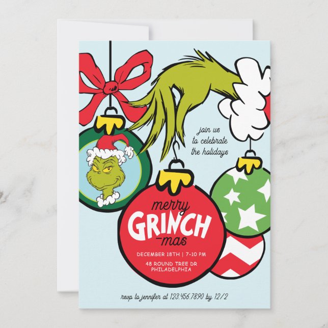 Grinch Ornament Christmas Party Holiday Card (Front)