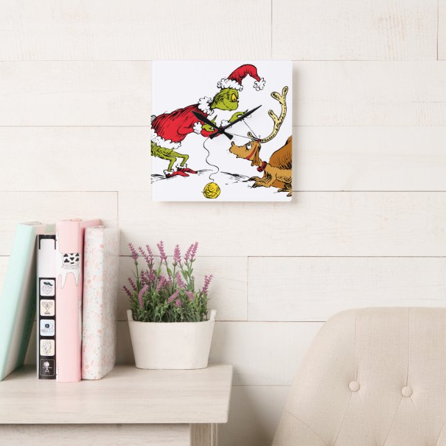 Grinch Prepares Max the Reindeer Square Wall Clock (Reading Room)