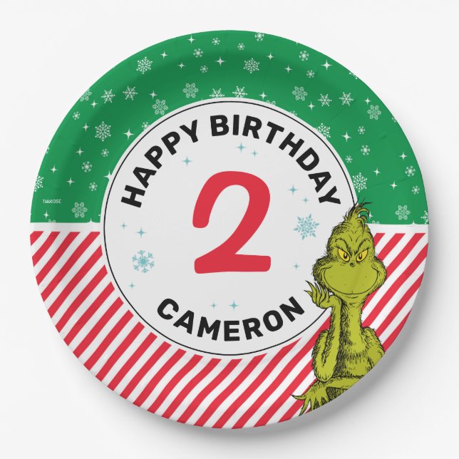 Grinch Red and Green Snowflake Birthday Paper Plate (Front)