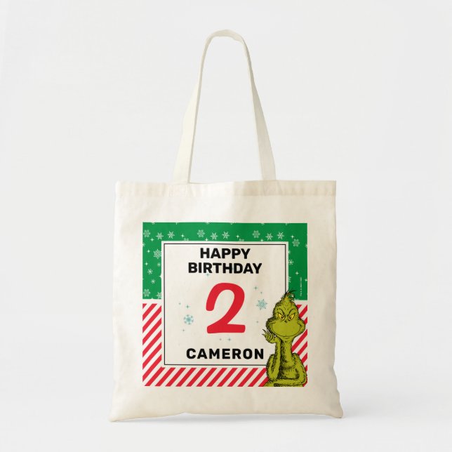 Grinch Red and Green Snowflake Birthday Tote Bag (Front)