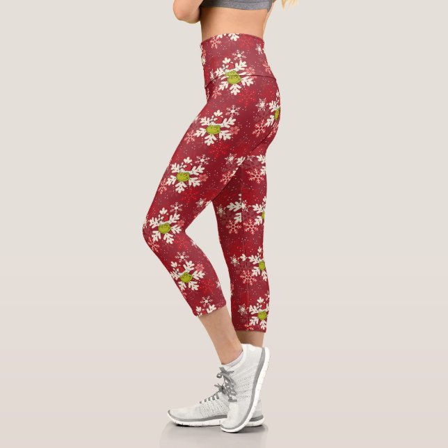 Grinch Red Snowflake Pattern Capri Leggings (Left)
