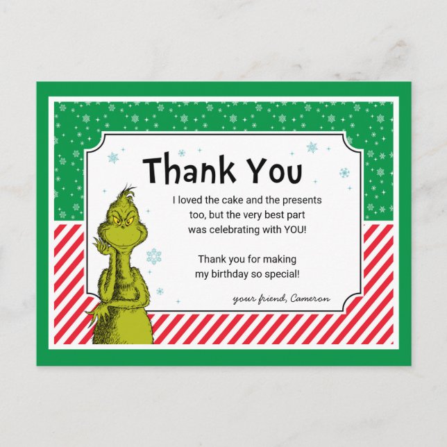 Grinch Snowflake Birthday Thank You Holiday Postcard (Front)