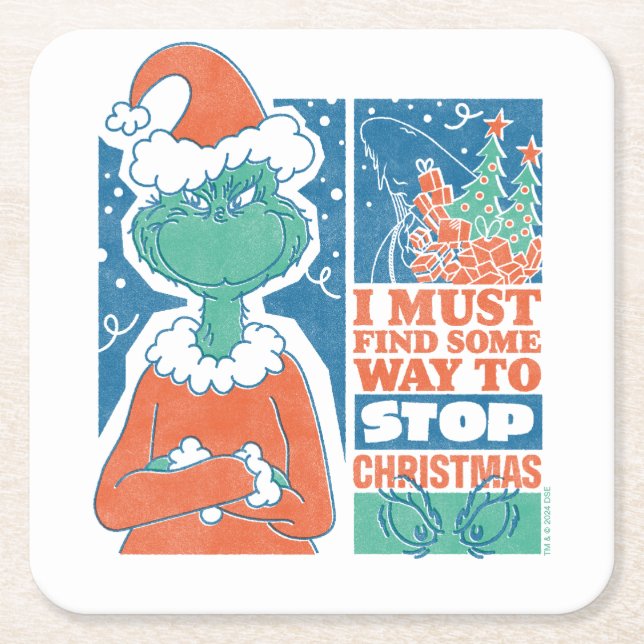 Grinch | Stop Christmas Vintage Graphic Square Paper Coaster (Front)