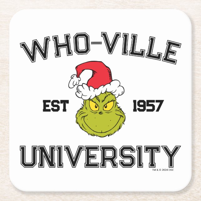 Grinch | Who-ville University Est 1957 Square Paper Coaster (Front)