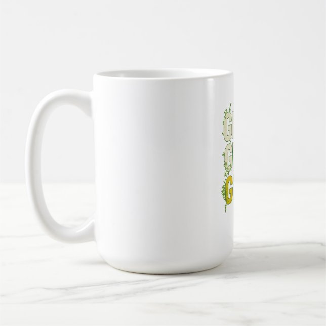 GRIND.GROW.GLOW.—Inspirational Botanical Typograph Coffee Mug (Left)