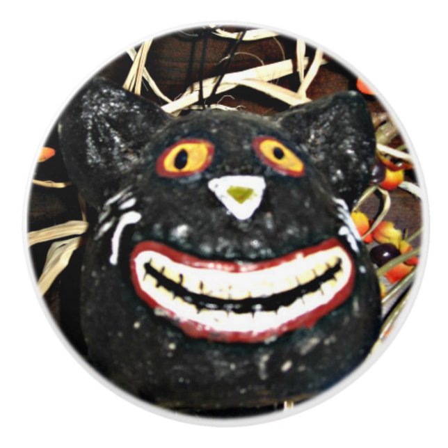 Grinning Black Cat Ceramic Knob (Front)