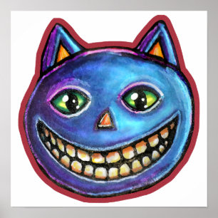 Grinning Blue Cat Vintage Halloweenies Poster