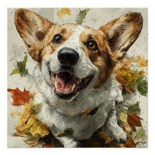 Grinning Corgi Autumn Joy Poster