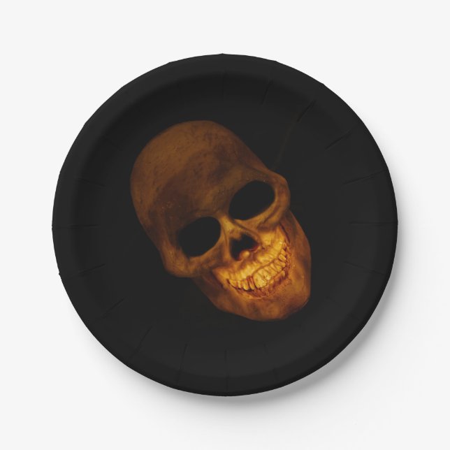 Grinning Gold Skull Halloween Party Paper Plate (Front)