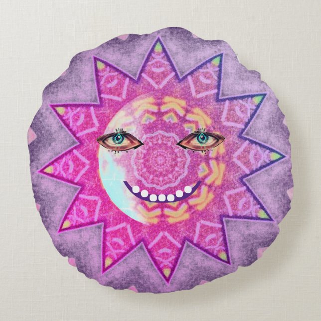 Grinning Moon and Sun, Day & Night sides Round Cushion (Back)