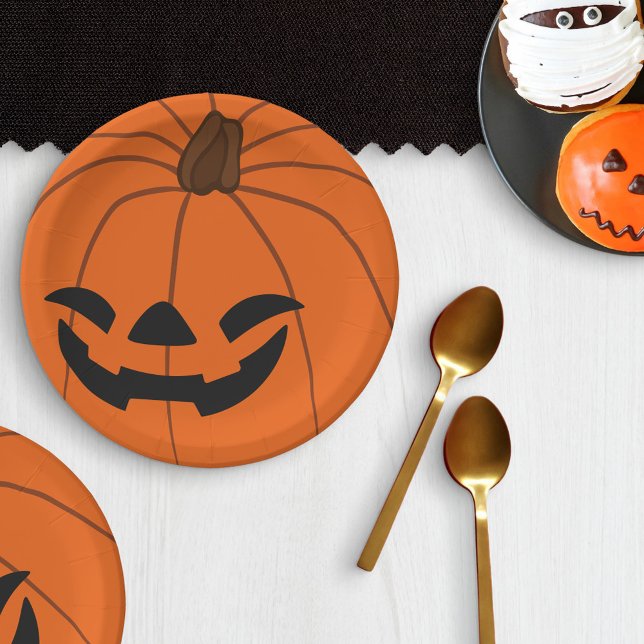 Grinning Orange Carved Pumpkin Halloween Party Paper Plate (Creator Uploaded)