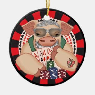 Grinning Poker Pig Ceramic Tree Decoration
