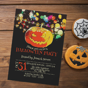 Grinning Pumpkin Colourful String Lights Halloween Invitation