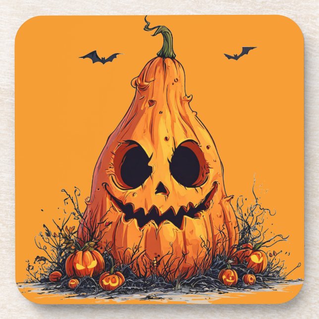 Grinning Pumpkin With a Ghoulish Expression Coaster (Front)