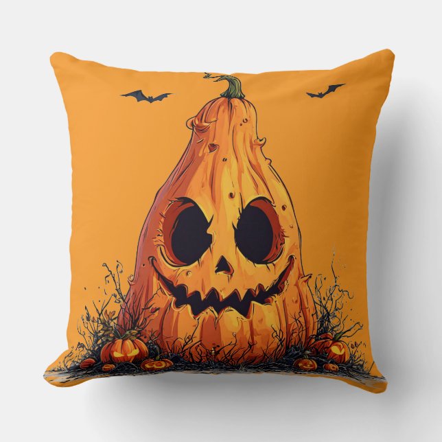 Grinning Pumpkin With a Ghoulish Expression Cushion (Front)