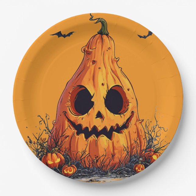 Grinning Pumpkin With a Ghoulish Expression Paper Plate (Front)