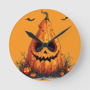 Grinning Pumpkin With a Ghoulish Expression Round Clock