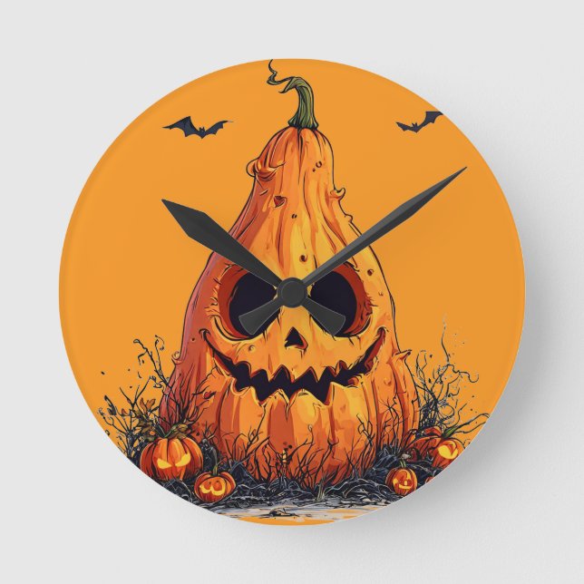 Grinning Pumpkin With a Ghoulish Expression Round Clock (Front)