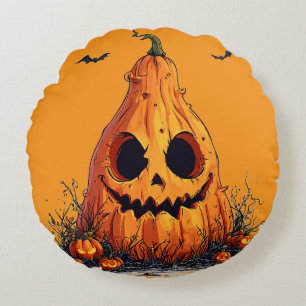 Grinning Pumpkin With a Ghoulish Expression Round Cushion