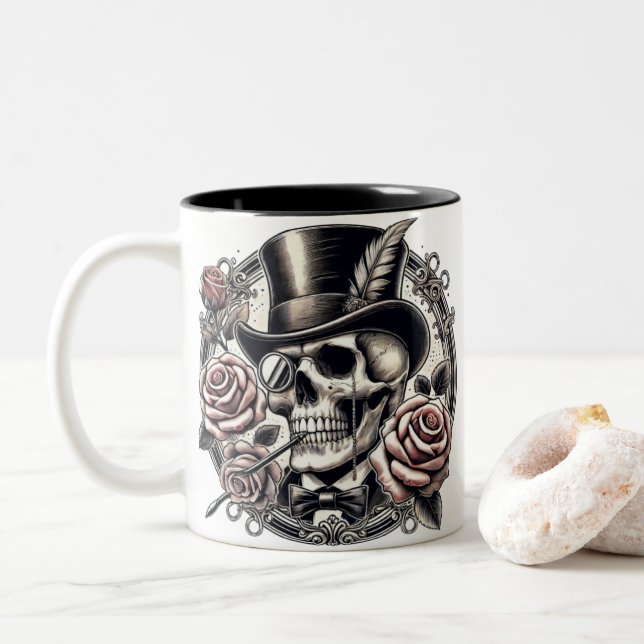 Grinning Skull in Top Hat Two-Tone Coffee Mug (With Donut)