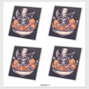 Grinning skull with candy bowl and pumpkins