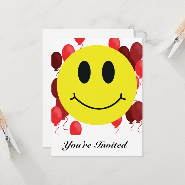 Grinning Smile Emoji with Red Balloons Invitation (Front/Back In Situ)