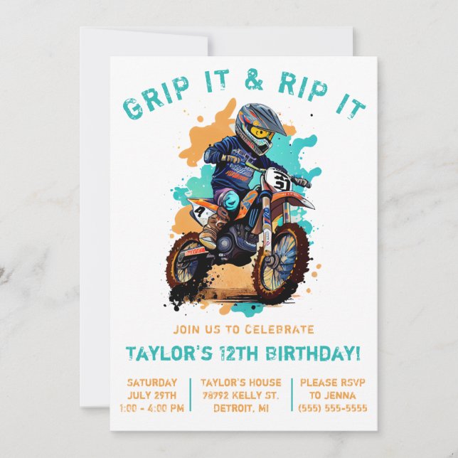 Grip It & Rip It! Motocross, Dirt Bike Birthday  Invitation (Front)